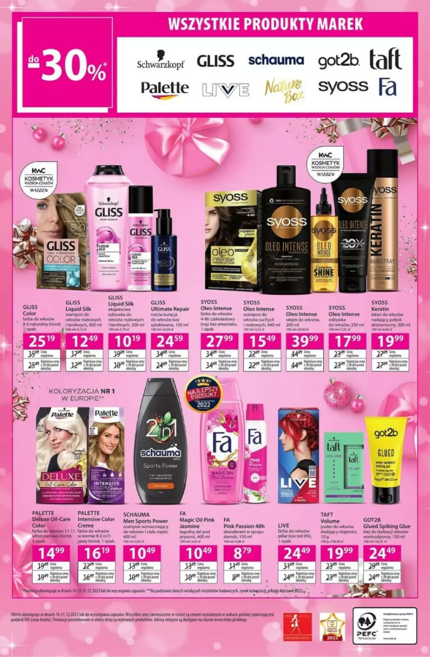 Gazetka promocyjna Hebe - ważna 14.12 do 31.12.2023 - strona 13 - produkty: Color Creme, Fa, Got2b, Oleo, Palette, Schauma, Syoss, Taft