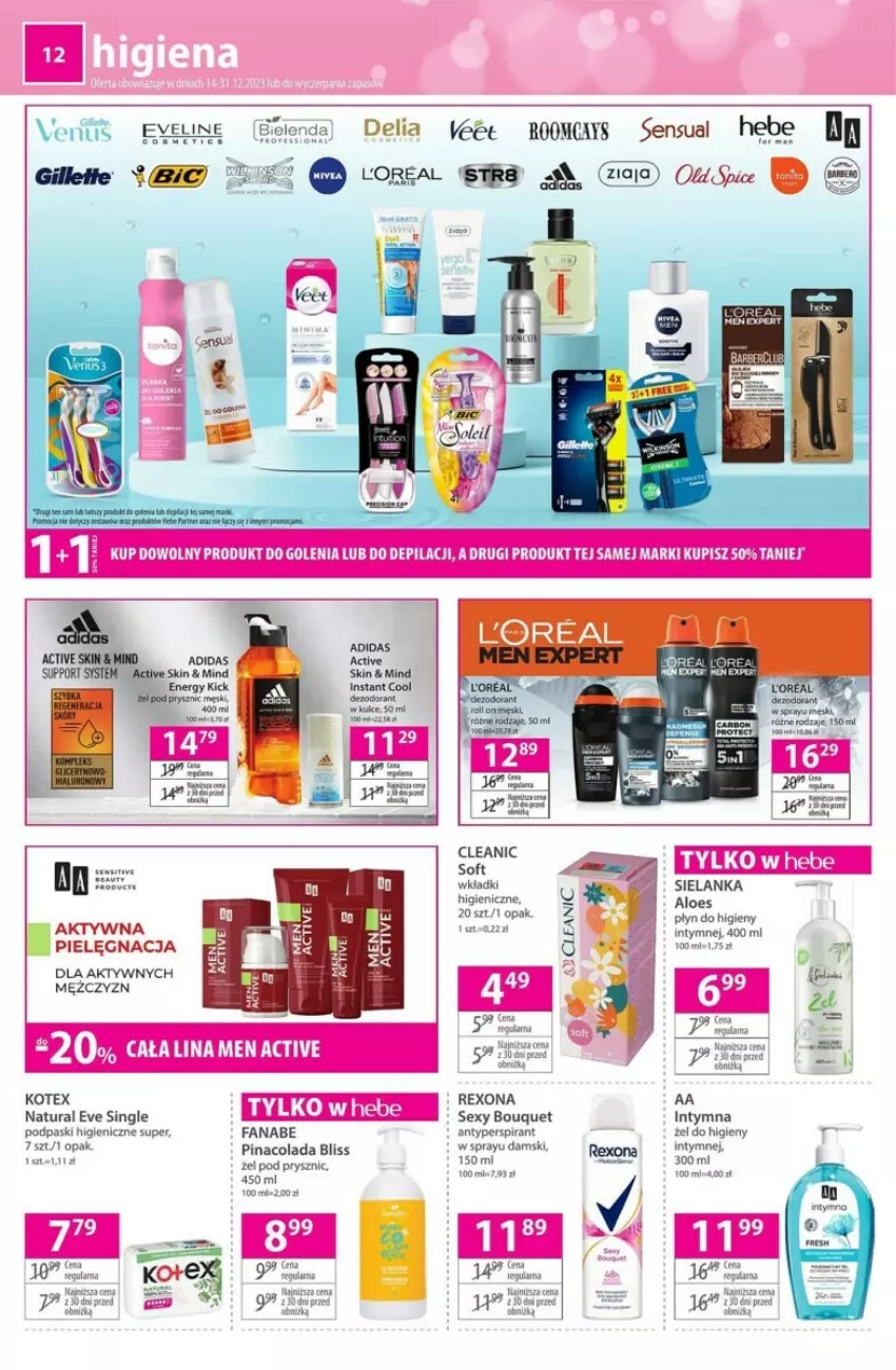 Gazetka promocyjna Hebe - ważna 14.12 do 31.12.2023 - strona 4 - produkty: Adidas, Antyperspirant, Cleanic, Fa, Płyn do higieny intymnej, Rexona, Sensual, Wkładki