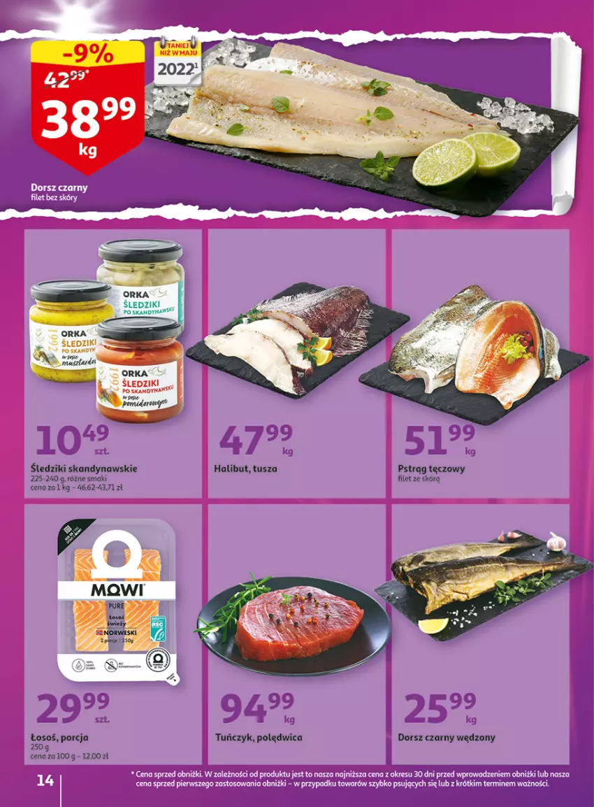 Gazetka promocyjna Auchan - Gazetka Wielkie majowe odkrycia cenowe część #3 Hipermarket Auchan - ważna 11.05 do 17.05.2023 - strona 14 - produkty: Dorsz, Halibut, Orka, Polędwica, Por, Pstrąg, Pstrąg tęczowy, Tuńczyk, Tusz