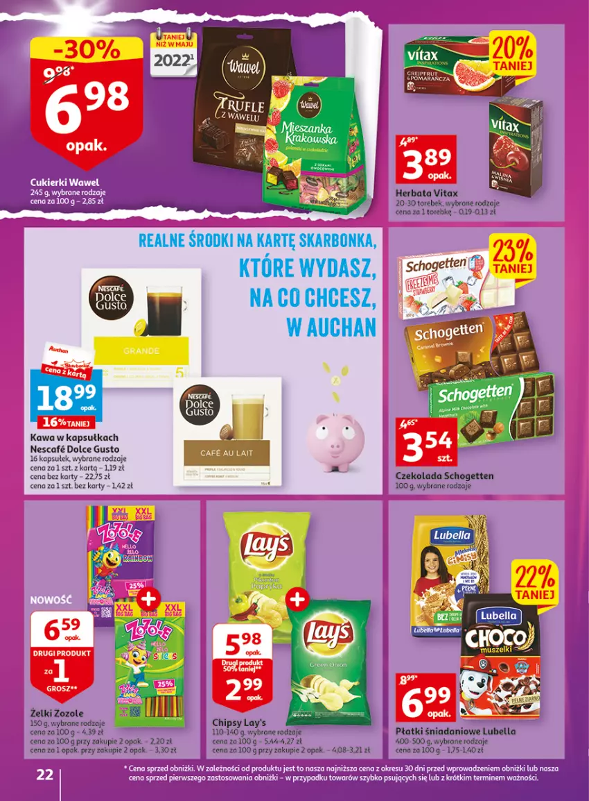 Gazetka promocyjna Auchan - Gazetka Wielkie majowe odkrycia cenowe część #3 Hipermarket Auchan - ważna 11.05 do 17.05.2023 - strona 22 - produkty: Bell, Bella, Chipsy, Czekolada, Danio, Dolce Gusto, Gra, Grejpfrut, Herbata, Kawa, Lubella, Schogetten, Vitax