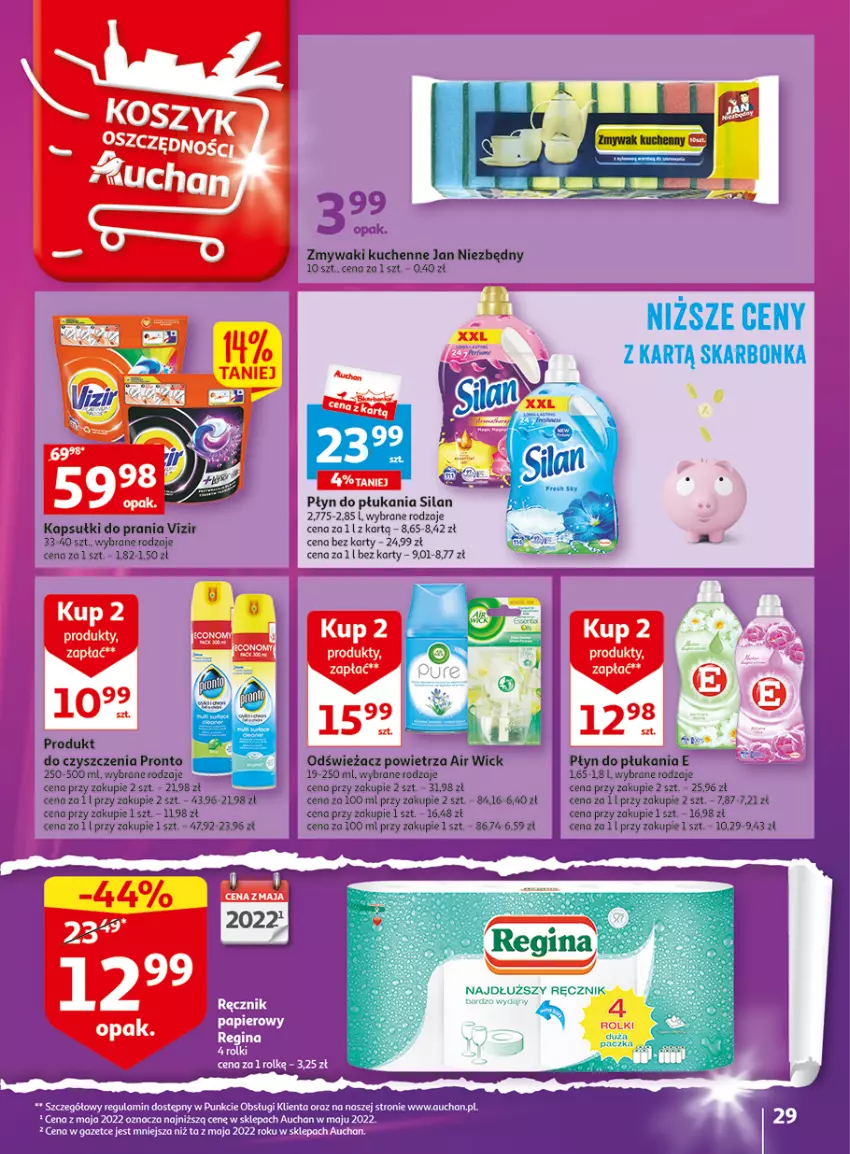 Gazetka promocyjna Auchan - Gazetka Wielkie majowe odkrycia cenowe część #3 Hipermarket Auchan - ważna 11.05 do 17.05.2023 - strona 29 - produkty: Air Wick, Jan Niezbędny, Kapsułki do prania, Odświeżacz powietrza, Płyn do płukania, Pronto, Silan, Vizir, Zmywaki kuchenne