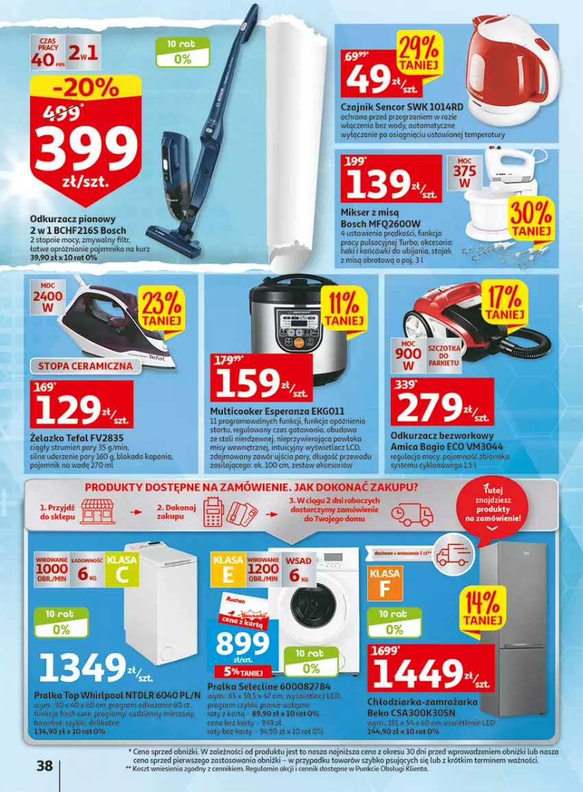 Gazetka promocyjna Auchan - Gazetka Wielkie majowe odkrycia cenowe część #3 Hipermarket Auchan - ważna 11.05 do 17.05.2023 - strona 38 - produkty: Amica, Beko, Bosch, Chłodziarka, Clin, Czajnik, Fa, Gra, Kosz, Mikser, Mikser z misą, O nas, Odkurzacz, Pojemnik, Pralka, Rum, Sencor, Ser, Stojak, Tefal, Top, Wełna, Whirlpool, Zamrażarka