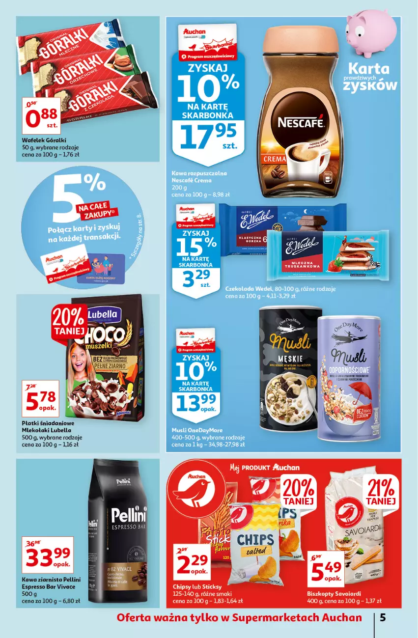 Gazetka promocyjna Auchan - Sezon na lato Supermarkety - ważna 01.07 do 07.07.2021 - strona 5 - produkty: Bell, Bella, Chipsy, Danio, Góralki, Kawa, Kawa ziarnista, Lubella, Mleko, Wafelek