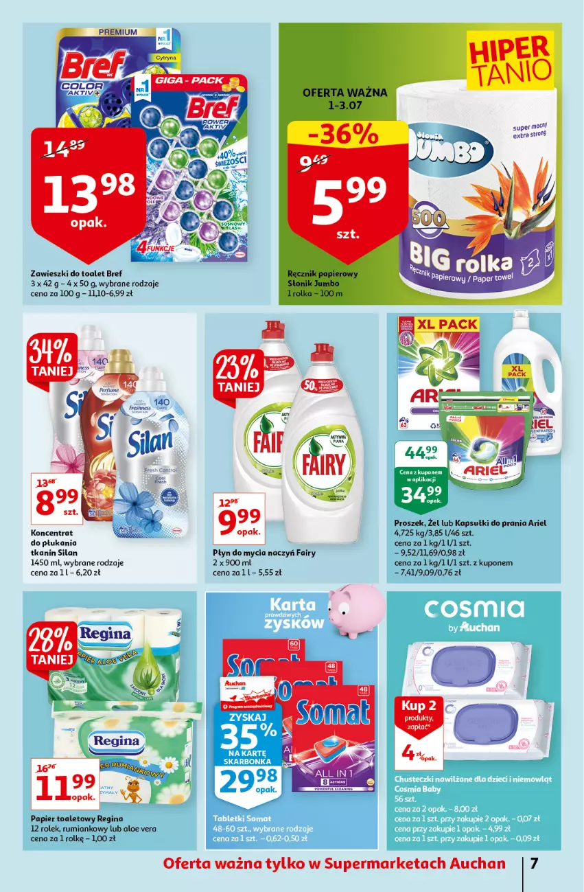 Gazetka promocyjna Auchan - Sezon na lato Supermarkety - ważna 01.07 do 07.07.2021 - strona 7 - produkty: Aloe vera, Ariel, Bref, Do mycia naczyń, Fa, Fairy, Gin, Kapsułki do prania, Papier, Papier toaletowy, Rum, Silan, Zawieszki