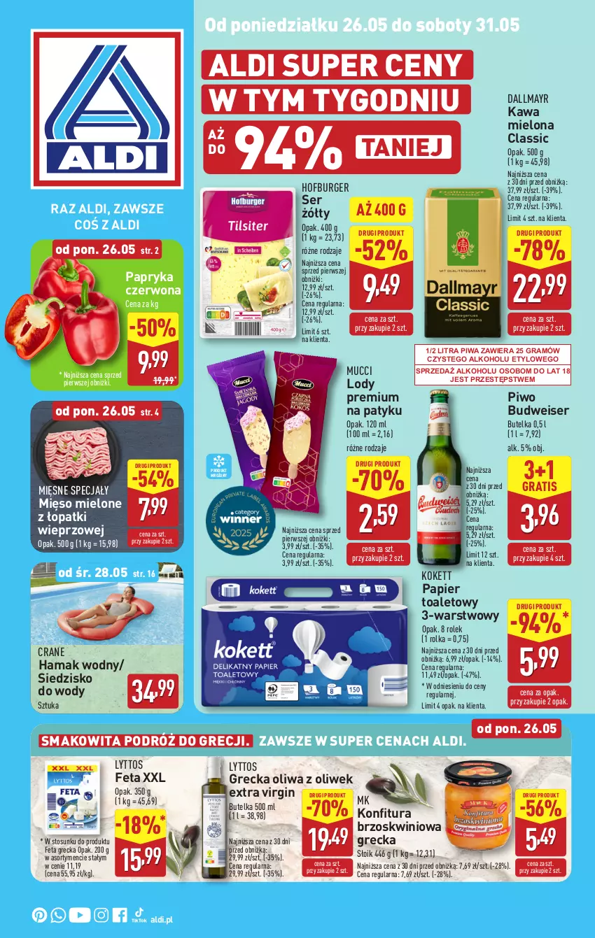 Gazetka promocyjna Aldi - Pełna oferta - ważna 26.05 do 31.05.2025 - strona 1 - produkty: Burger, Dallmayr, Feta, Gin, Gra, Hama, Hofburger, Kawa, Kawa mielona, Konfitura, Lody, Mięsne specjały, Mięso, Mięso mielone, Mięso mielone z łopatki wieprzowej, Oliwa z oliwek, Papier, Papier toaletowy, Papryka, Papryka czerwona, Piwa, Piwo, Ser, Siedzisko, Smakowita