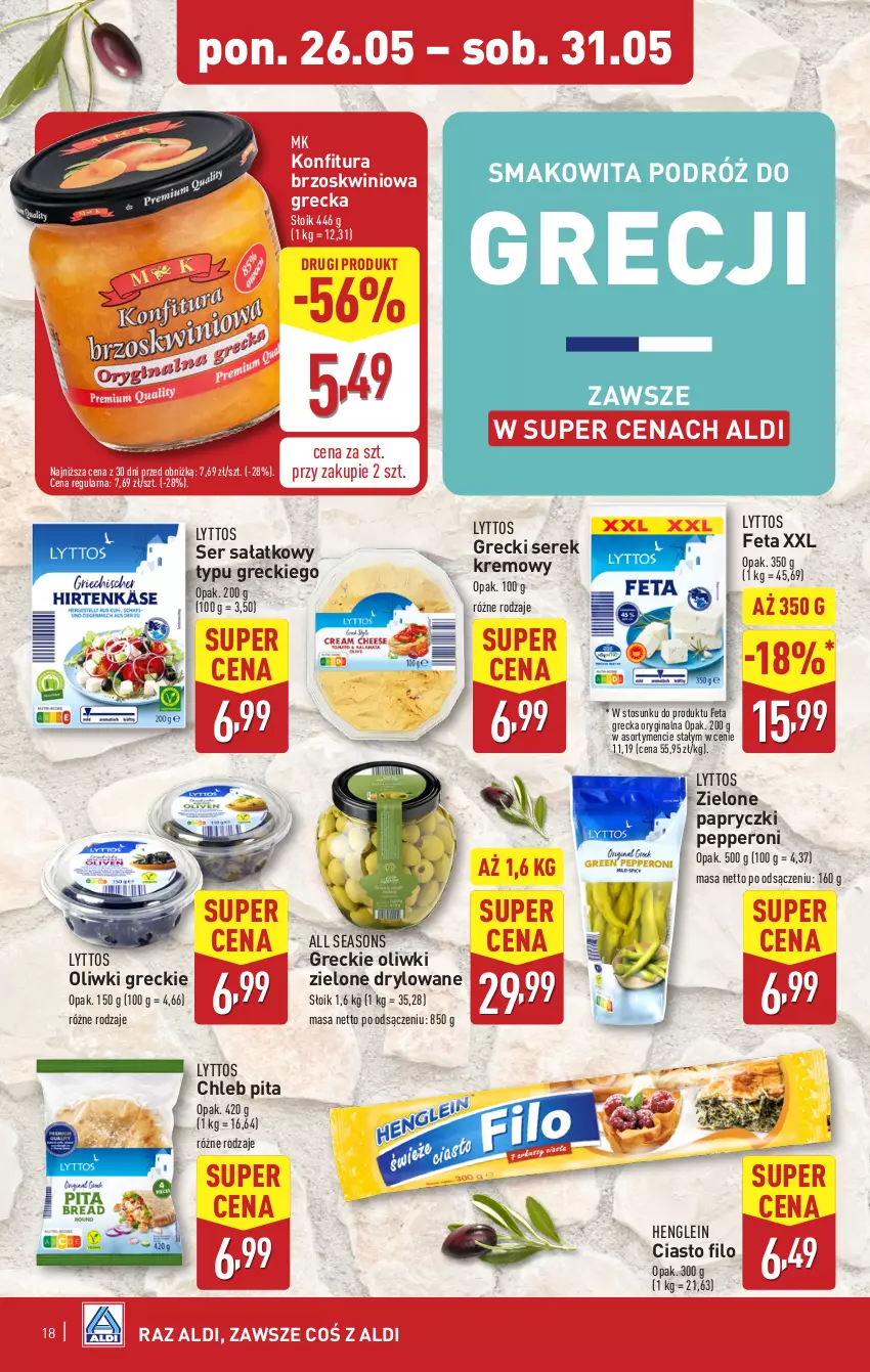 Gazetka promocyjna Aldi - Pełna oferta - ważna 26.05 do 31.05.2025 - strona 18 - produkty: All Seasons, Chleb, Feta, Gin, Konfitura, Oliwki, Oliwki zielone, Sałat, Ser, Serek, Smakowita
