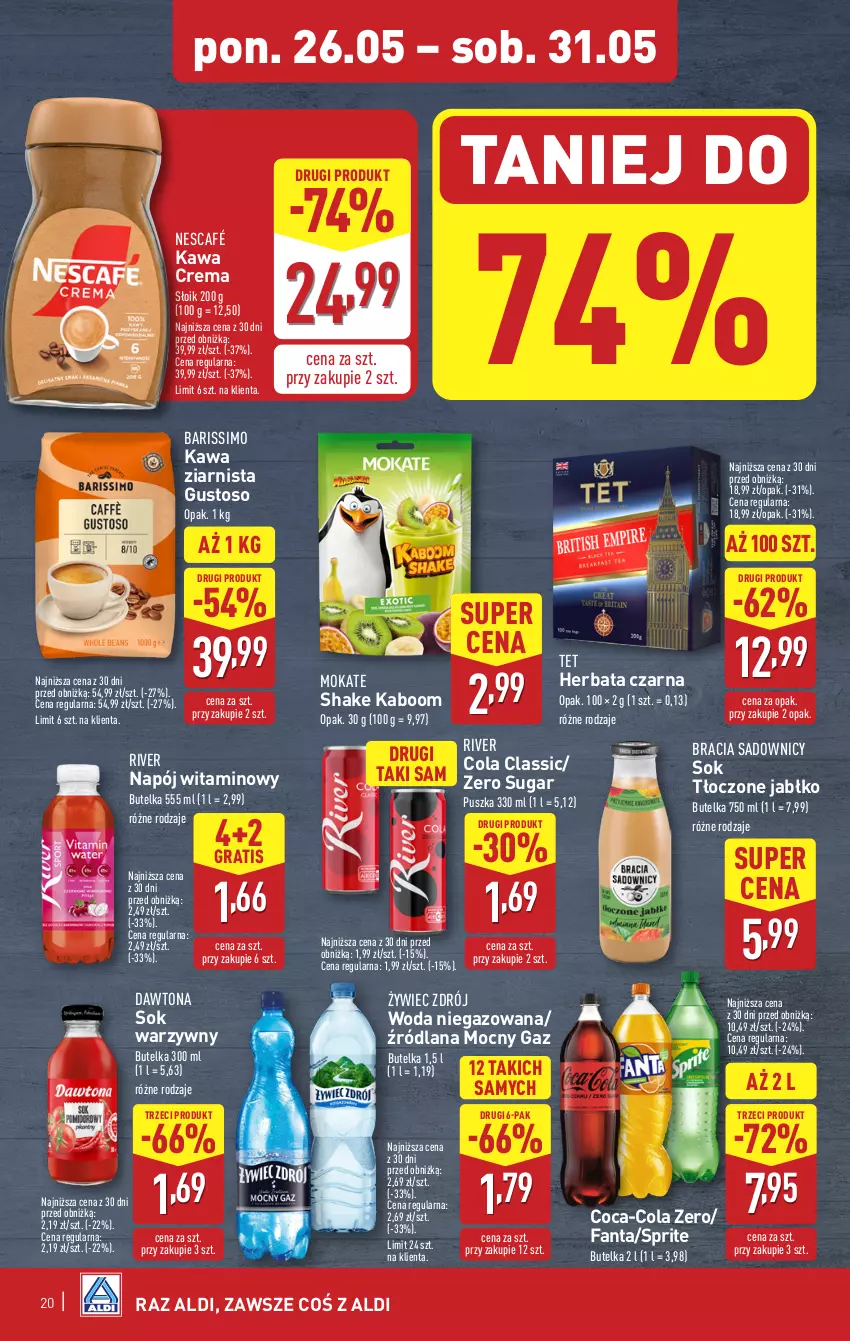 Gazetka promocyjna Aldi - Pełna oferta - ważna 26.05 do 31.05.2025 - strona 20 - produkty: Coca-Cola, Dawtona, Fa, Fanta, Gra, Herbata, Herbata czarna, Kawa, Kawa ziarnista, LANA, Napój, Nescafé, Sok, Sprite, Woda, Woda niegazowana