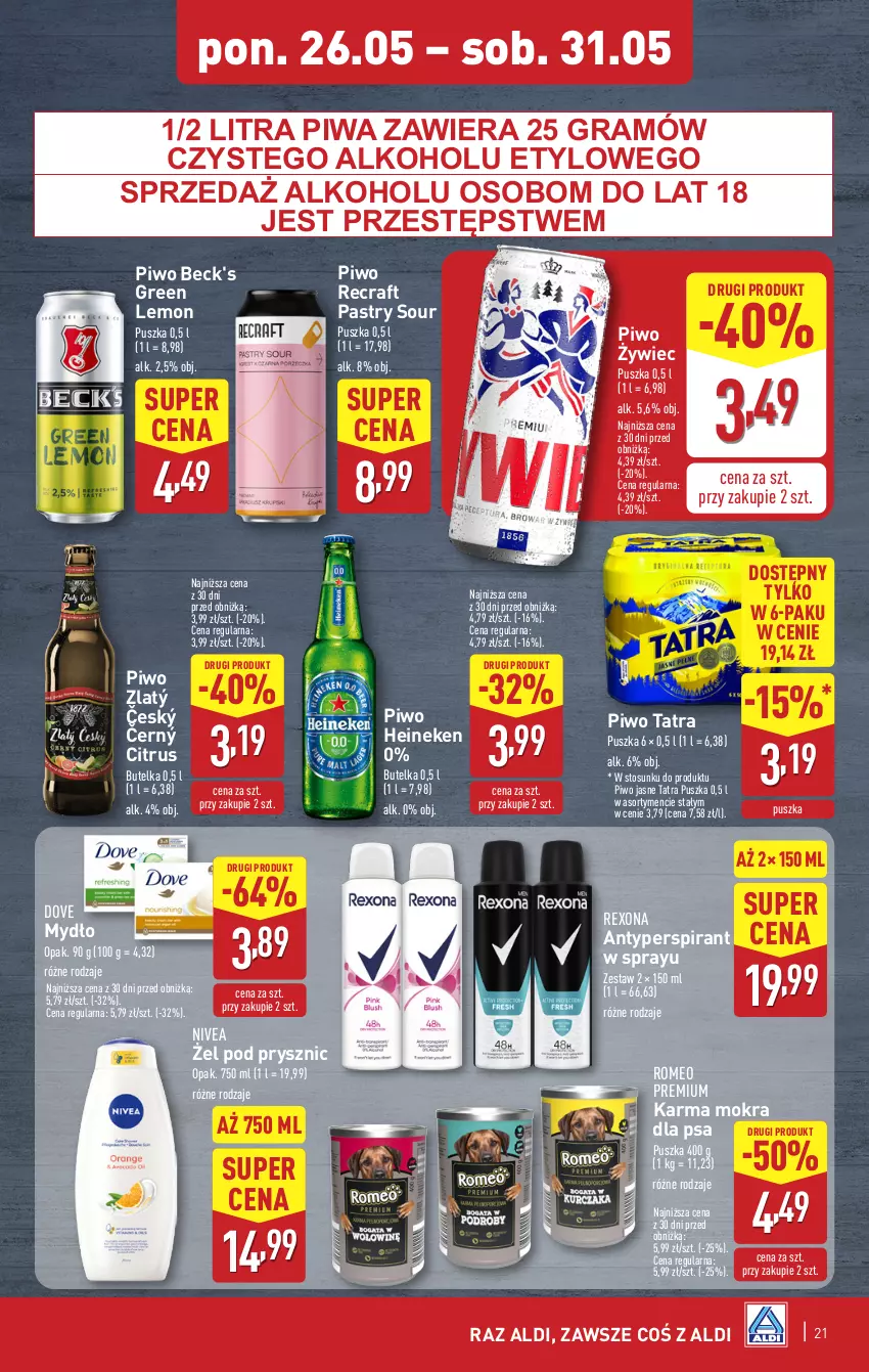 Gazetka promocyjna Aldi - Pełna oferta - ważna 26.05 do 31.05.2025 - strona 21 - produkty: Antyperspirant, Dove, Gra, Heineken, Mydło, Nivea, Piwa, Piwo, Piwo jasne, Rexona, Tatra