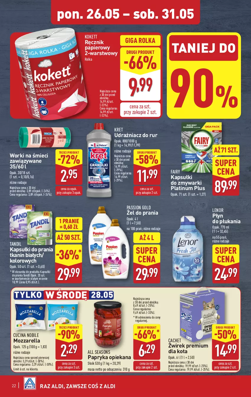 Gazetka promocyjna Aldi - Pełna oferta - ważna 26.05 do 31.05.2025 - strona 22 - produkty: All Seasons, Fa, Fairy, Kapsułki do prania, Kret, Lenor, Mozzarella, Papier, Papryka, Płyn do płukania, Ręcznik, Worki na śmiec, Worki na śmieci, Zmywarki