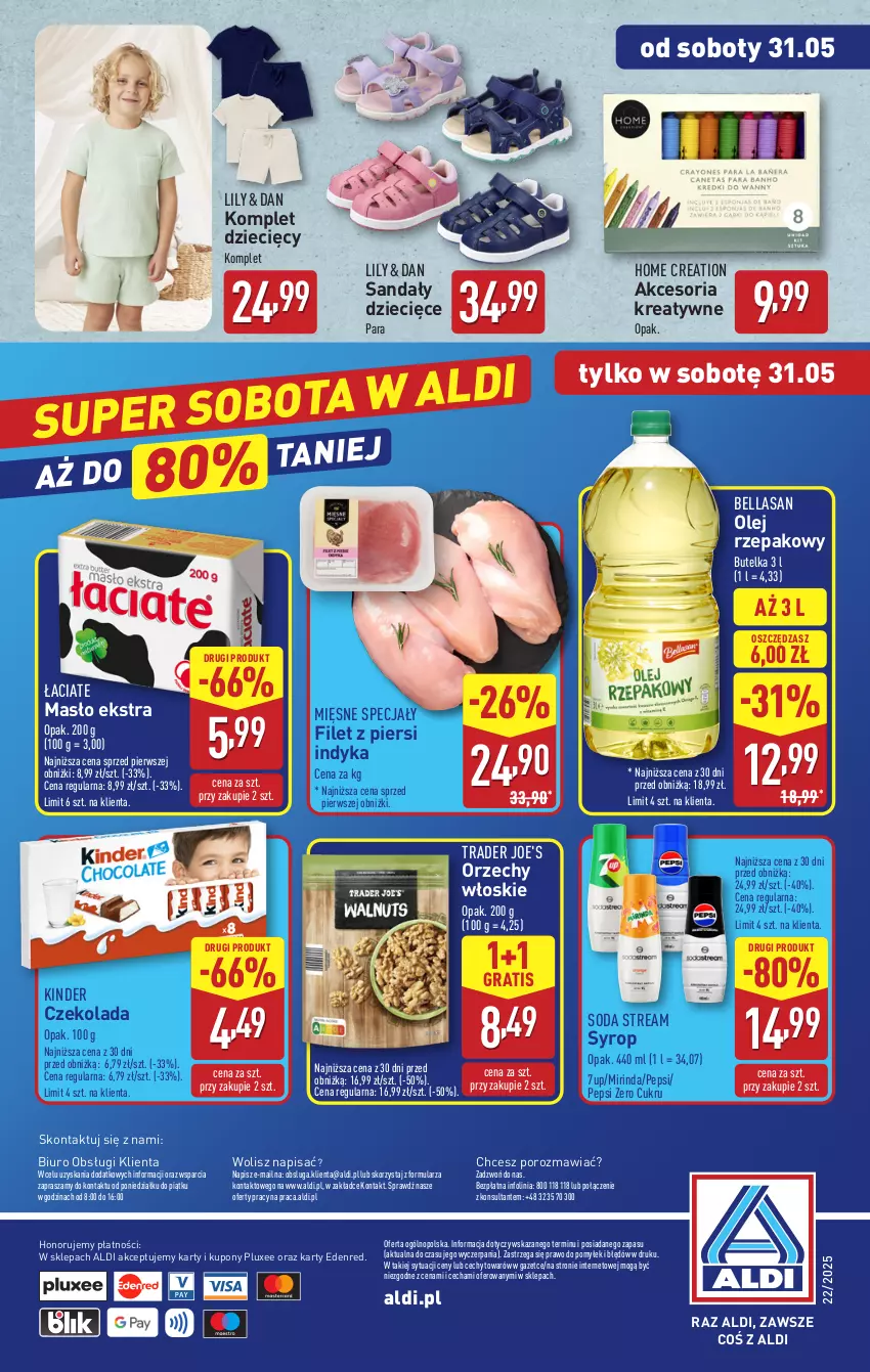 Gazetka promocyjna Aldi - Pełna oferta - ważna 26.05 do 31.05.2025 - strona 38 - produkty: 7up, Bell, Bella, Biuro, Czekolada, Dzieci, Filet z piersi indyka, Gra, Kinder, Masło, Mięsne specjały, Mirinda, O nas, Olej, Olej rzepakowy, Orzechy włoskie, Pepsi, Por, Sandał, Syrop