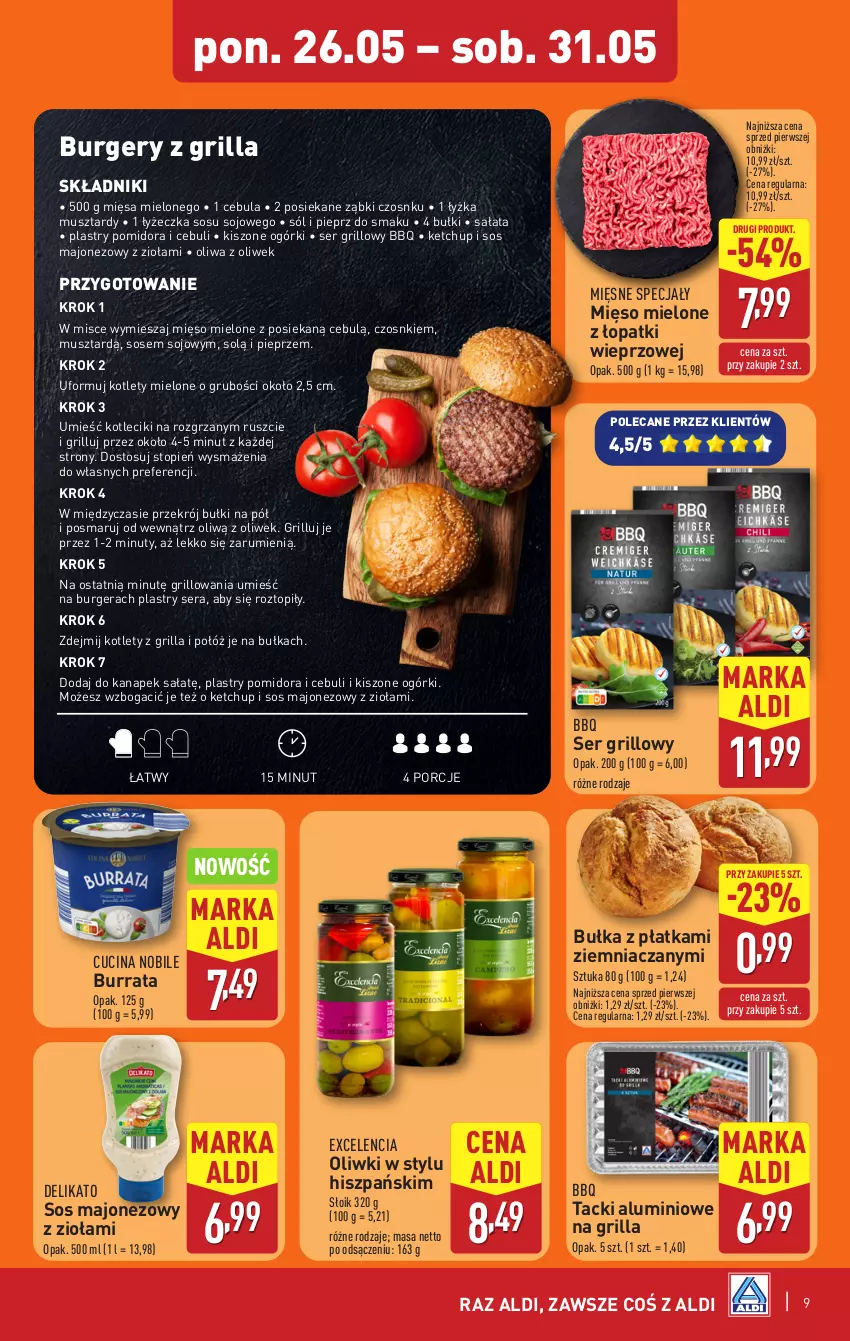 Gazetka promocyjna Aldi - Pełna oferta - ważna 26.05 do 31.05.2025 - strona 9 - produkty: Bułka, Burger, Burrata, Cebula, Grill, Ketchup, Kotlet, Majonez, Mięsne specjały, Mięso, Mięso mielone, Mięso mielone z łopatki wieprzowej, Mus, Nuty, Oliwa z oliwek, Oliwki, Pieprz, Por, Rum, Sałat, Ser, Sól, Sos, Top
