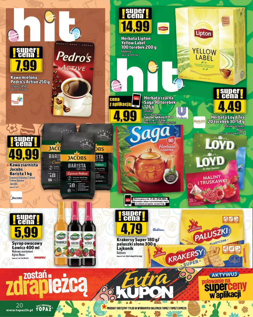 Gazetka promocyjna Topaz - Gazetka - ważna 21.03 do 27.03.2024 - strona 20 - produkty: Herbata, Kawa, Krakersy, Lajkonik, Lipton, Loyd, Saga, Syrop, Top