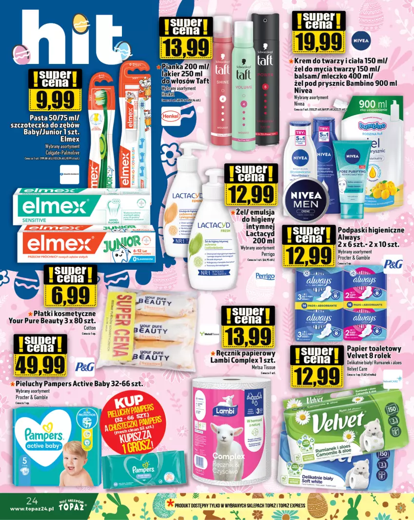 Gazetka promocyjna Topaz - Gazetka - ważna 21.03 do 27.03.2024 - strona 24 - produkty: Always, Colgate, Emulsja, Lakier, LG, Mleczko, Nivea, Palmolive, Pampers, Papier, Papier toaletowy, Pieluchy, Płatki kosmetyczne, Podpaski, Pur, Ręcznik, Rum, Taft, Top, Velvet