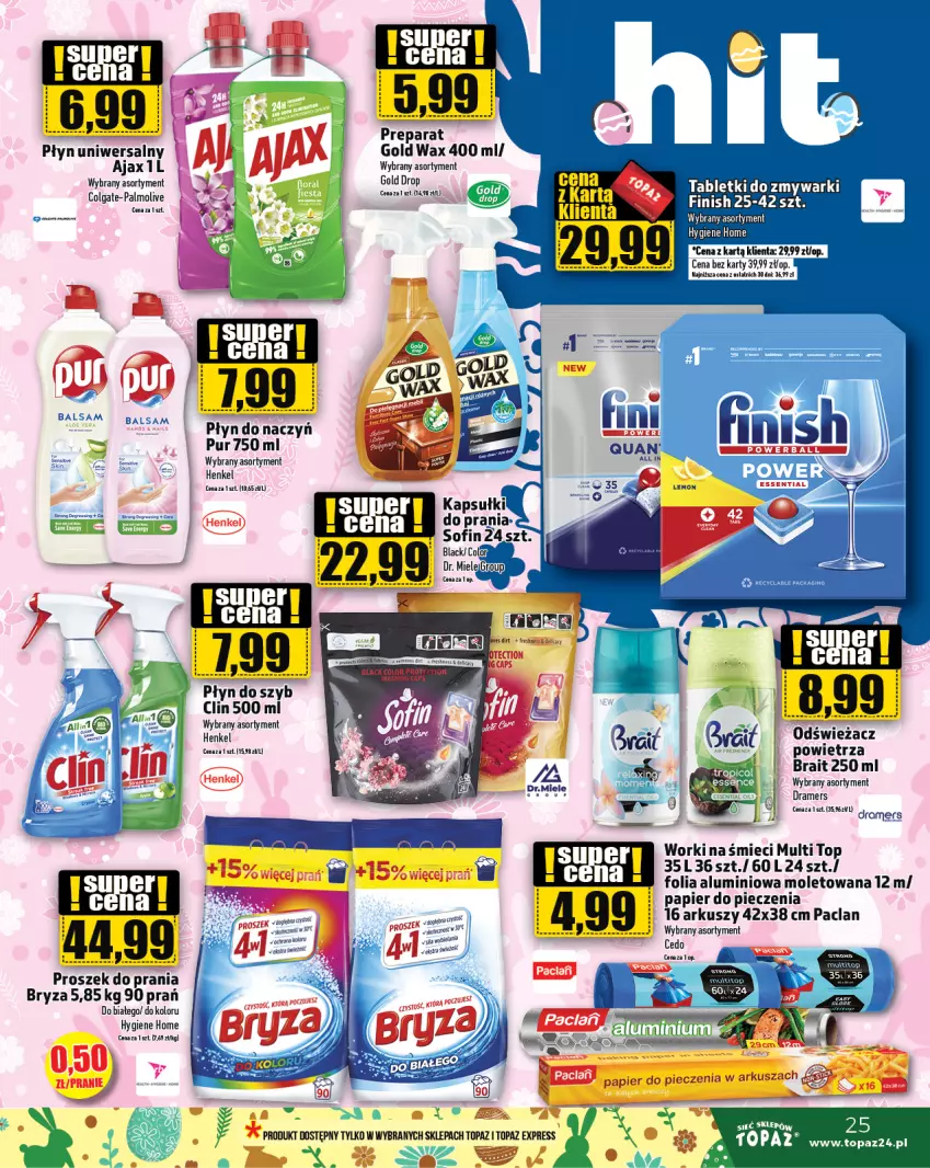 Gazetka promocyjna Topaz - Gazetka - ważna 21.03 do 27.03.2024 - strona 25 - produkty: Ajax, Bryza, Clin, Colgate, Folia aluminiowa, Lack, LG, Palmolive, Papier, Papier do pieczenia, Piec, Płyn do szyb, Proszek do prania, Pur, Top, Worki na śmiec, Worki na śmieci