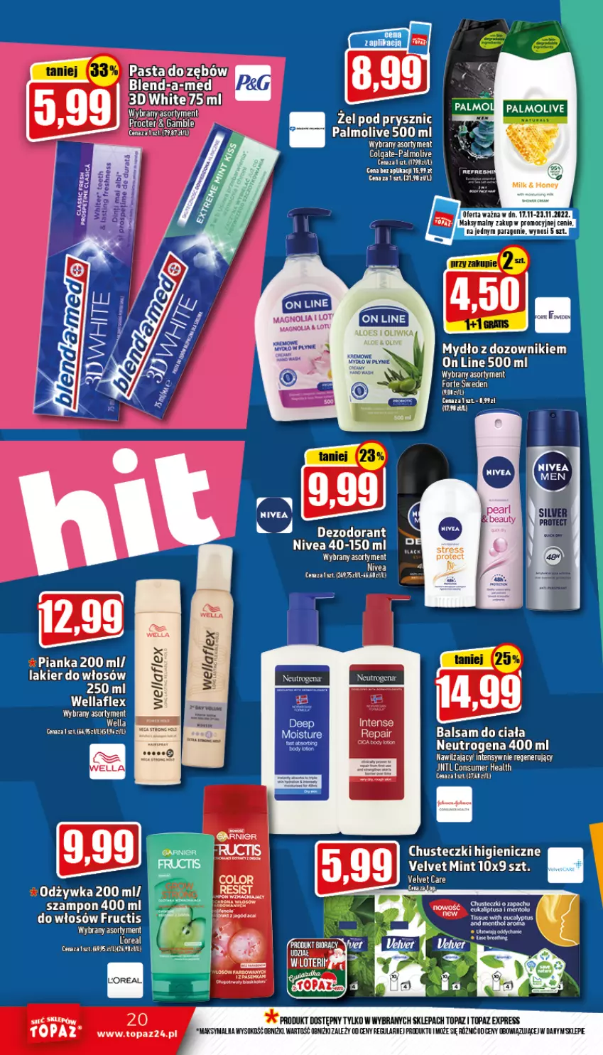 Gazetka promocyjna Topaz - Gazetka - ważna 17.11 do 23.11.2022 - strona 20 - produkty: Balsam do ciała, Chusteczki, Colgate, Dezodorant, Dozownik, Fructis, Lakier, LG, Mydło, Neutrogena, Nivea, Opony, Palmolive, Pasta do zębów, Sok, Szampon, Top, Velvet, Wella, Wellaflex