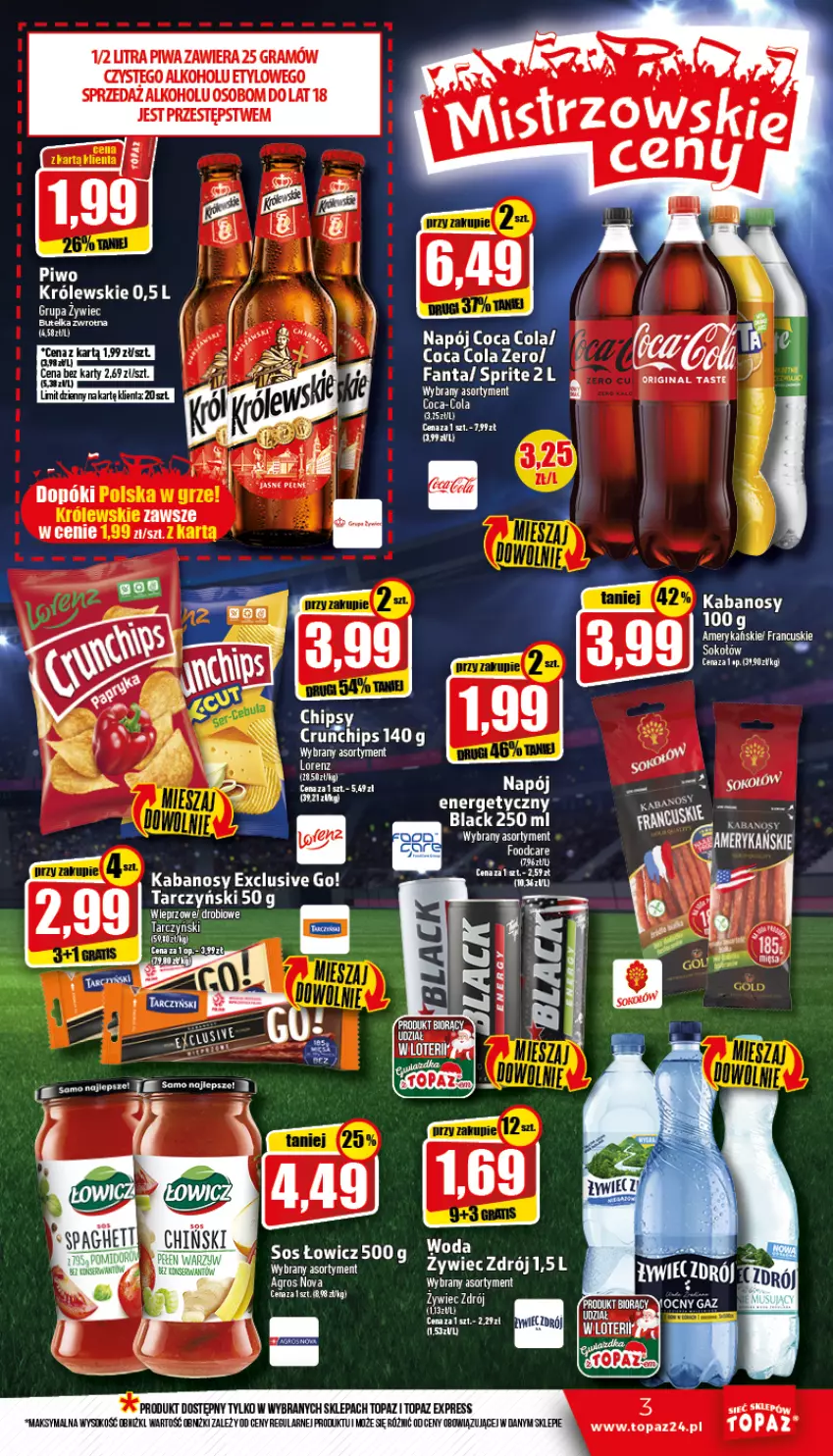 Gazetka promocyjna Topaz - Gazetka - ważna 17.11 do 23.11.2022 - strona 3 - produkty: AEG, Cif, Coca-Cola, Fa, Fanta, Gra, Kabanos, Królewski, Lack, Napój, Piwa, Sprite, Tarczyński, Top