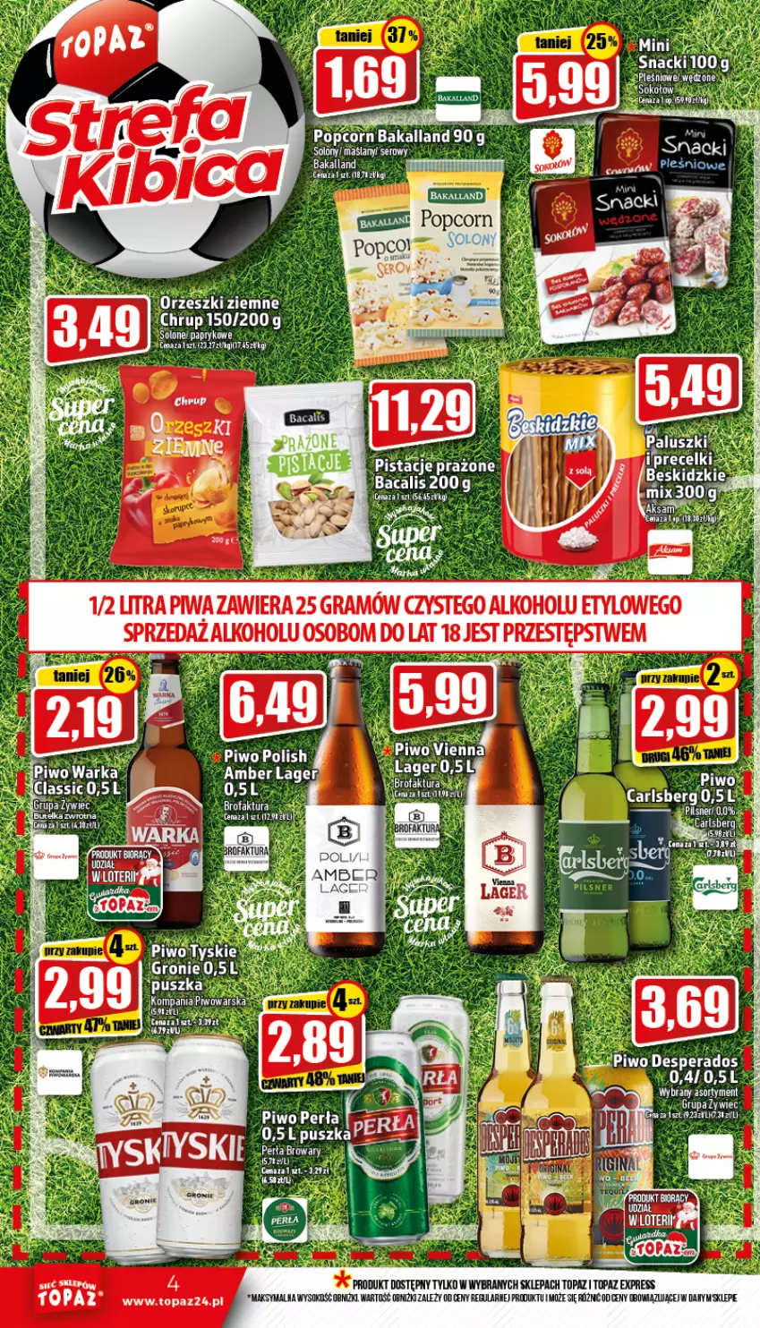 Gazetka promocyjna Topaz - Gazetka - ważna 17.11 do 23.11.2022 - strona 4 - produkty: Bakalland, Carlsberg, Desperados, Fa, Orzeszki, Orzeszki ziemne, Perła, Piwa, Piwo, Popcorn, Precelki, Ser, Sok, Top, Tyskie