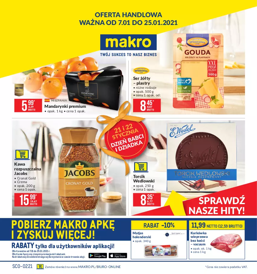 Gazetka promocyjna Makro - [Oferta promocyjna] Artykuły spożywcze - ważna 07.01 do 25.01.2021 - strona 1 - produkty: Biuro, Jacobs, Karkówka wieprzowa, Kawa, Kawa rozpuszczalna, Mandarynki, Matjas, Ser