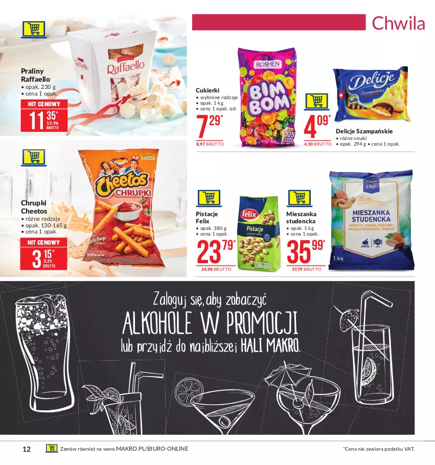 Gazetka promocyjna Makro - [Oferta promocyjna] Artykuły spożywcze - ważna 07.01 do 25.01.2021 - strona 12 - produkty: Biuro, Cheetos, Chrupki, Cukier, Cukierki, Delicje, Fa, Felix, Mieszanka studencka, Pistacje, Praliny, Raffaello