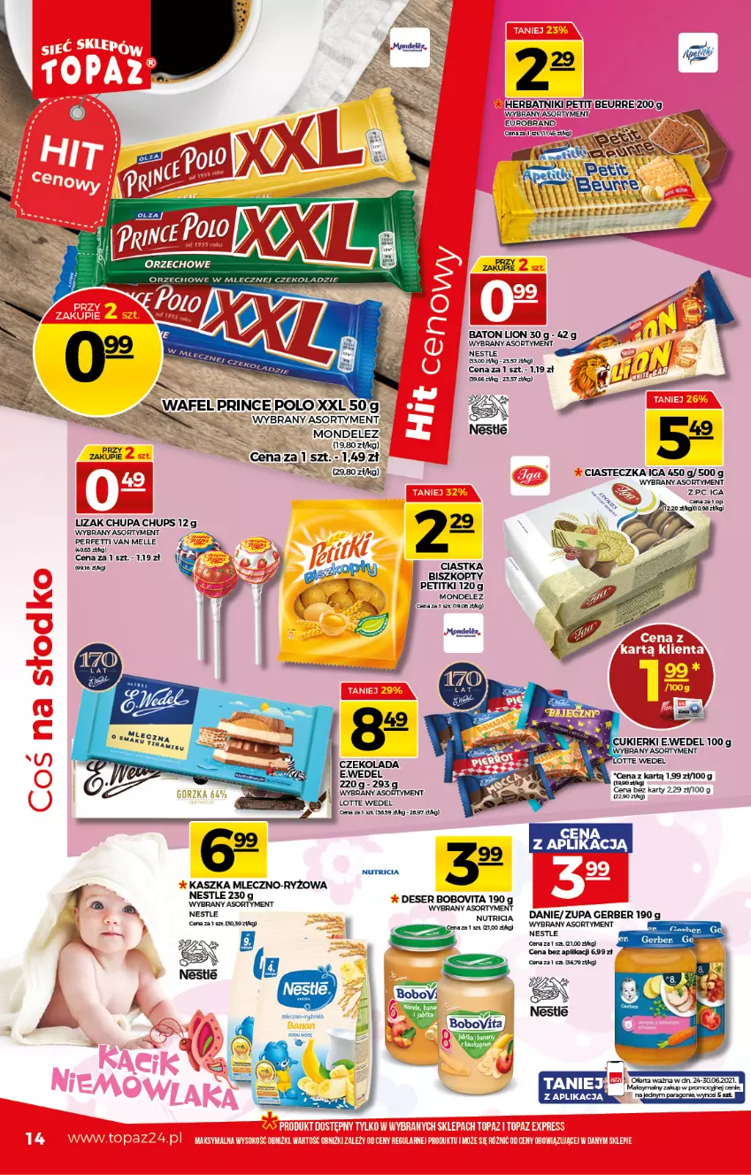 Gazetka promocyjna Topaz - Gazetka - ważna 24.06 do 30.06.2021 - strona 14 - produkty: Baton, Biszkopty, BoboVita, Chupa Chups, Ciastka, Czekolada, Deser, Gerber, Lion, Ser, Zupa