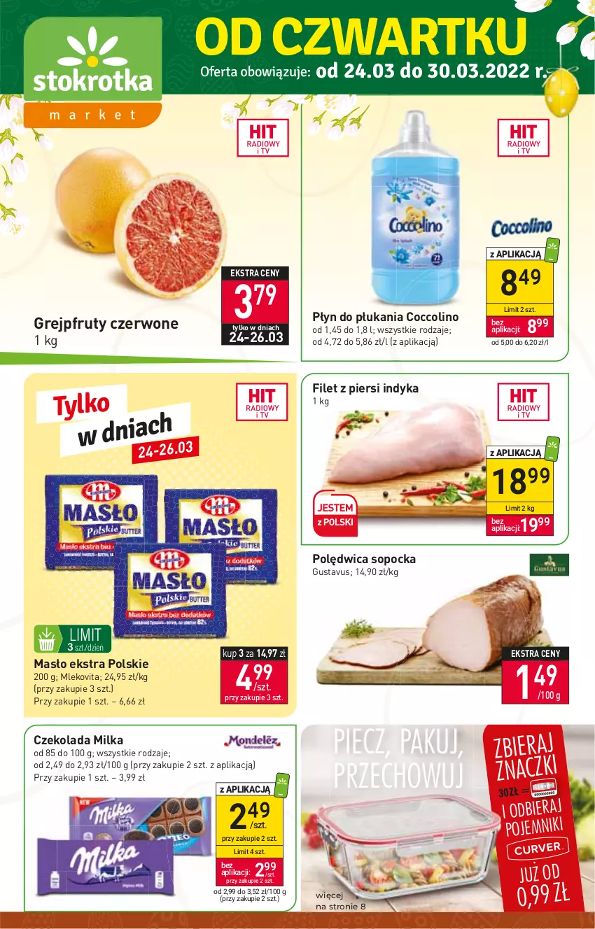 Gazetka promocyjna Stokrotka - Market - ważna 24.03 do 30.03.2022 - strona 1 - produkty: Coccolino, Czekolada, Filet z piersi indyka, Grejpfrut, Masło, Milka, Mleko, Mlekovita, Piec, Płyn do płukania, Pojemnik, Polędwica