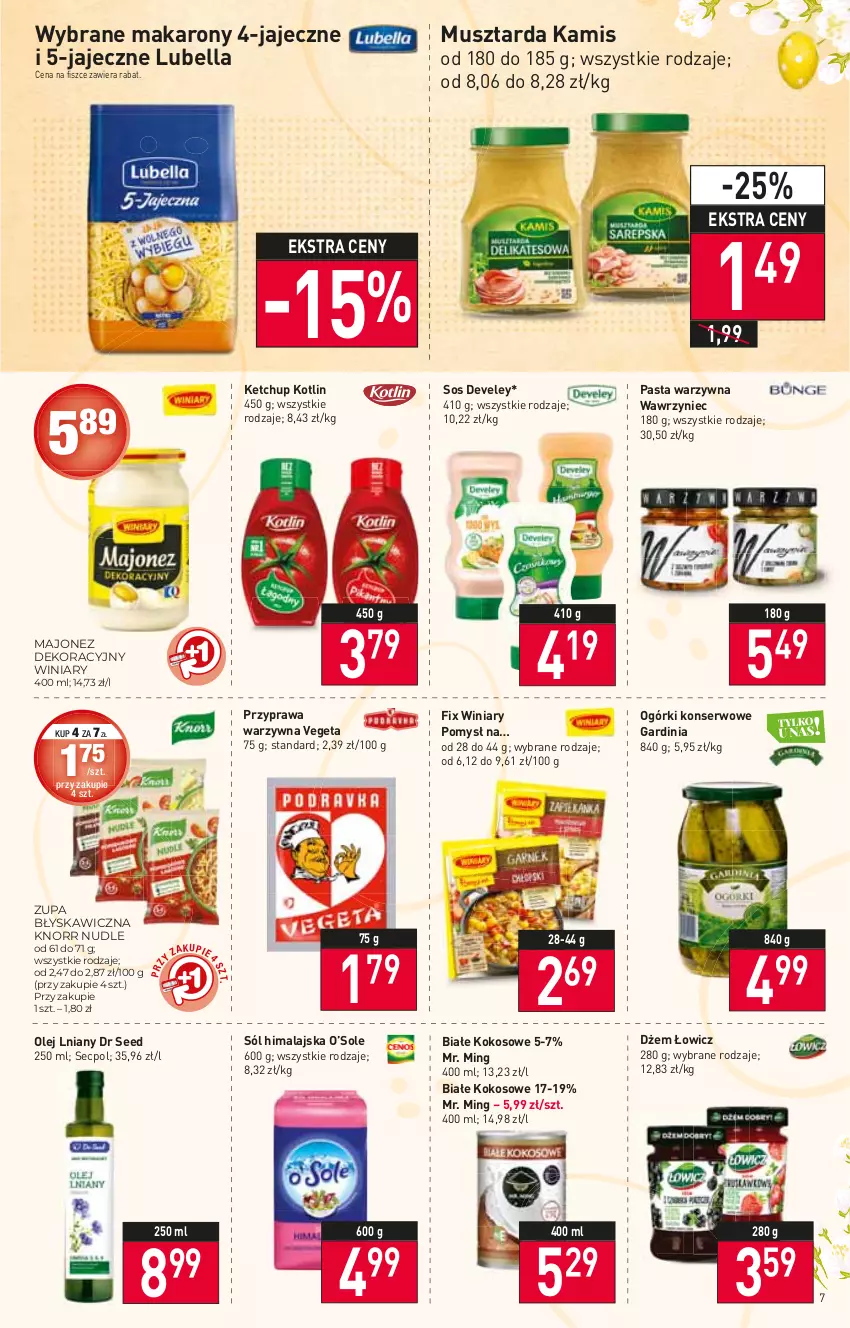 Gazetka promocyjna Stokrotka - Market - ważna 24.03 do 30.03.2022 - strona 7 - produkty: Bell, Bella, Dżem, Kamis, Ketchup, Knorr, Kokos, Kotlin, Lubella, Majonez, Makaron, Mus, Musztarda, Ogórki konserwowe, Olej, Pasta warzywna, Ser, Sól, Sól himalajska, Sos, Vegeta, Winiary, Zupa