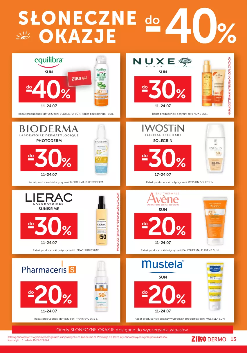 Gazetka promocyjna Ziko - Gazetka Ziko Dermo - ważna 11.07 do 24.07.2024 - strona 15 - produkty: Acer, Avène, Bioderma, Iwostin, Lierac, Mus, Mustela, Nuxe, Pharmaceris, Ser