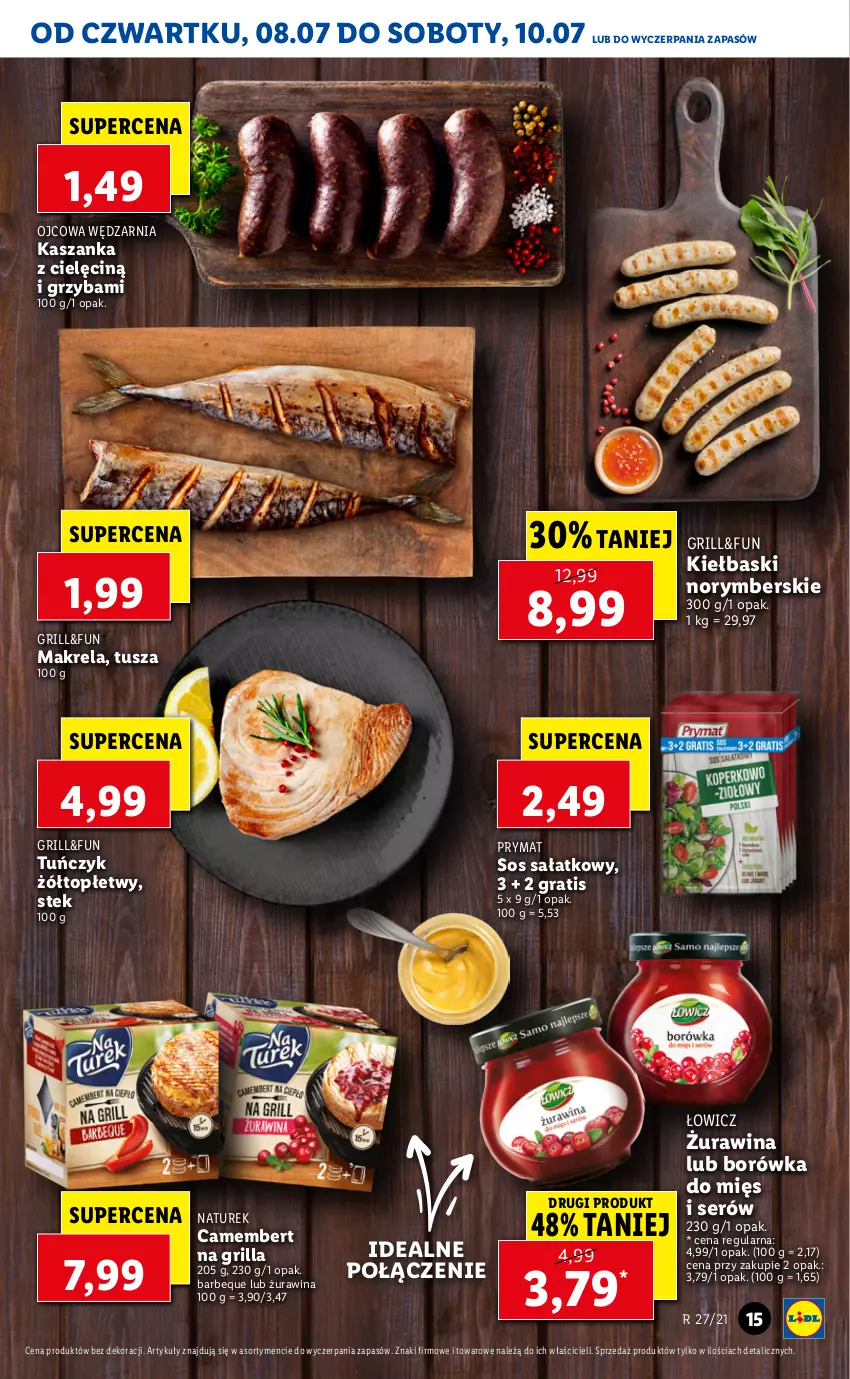 Gazetka promocyjna Lidl - GAZETKA - ważna 08.07 do 10.07.2021 - strona 15 - produkty: Borówka, Camembert, Gra, Grill, Kasza, Kaszanka, NaTurek, Prymat, Sałat, Ser, Sos, Stek, Top, Tuńczyk, Tusz