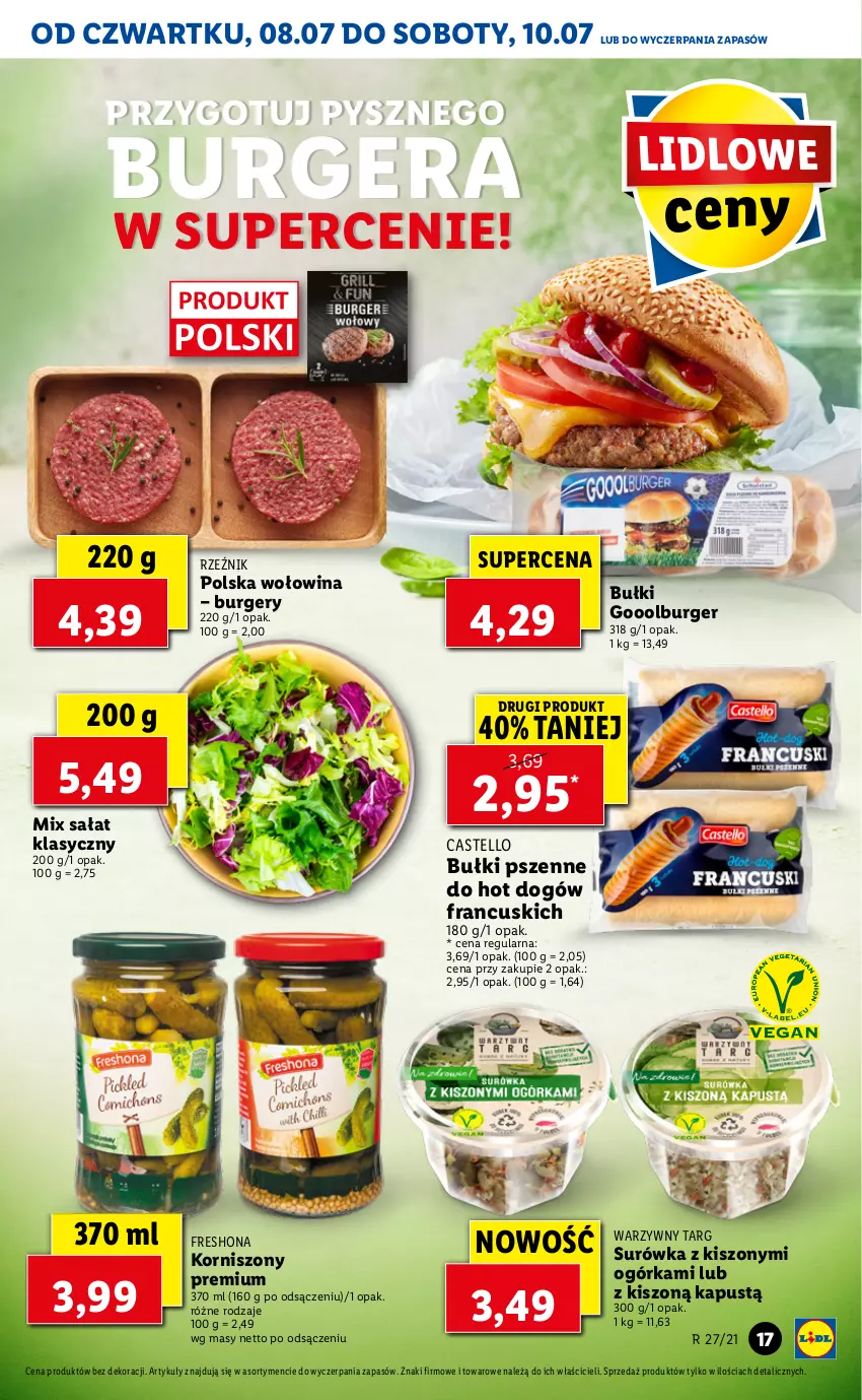 Gazetka promocyjna Lidl - GAZETKA - ważna 08.07 do 10.07.2021 - strona 17 - produkty: Burger, Hot dog, Kapustą, Korniszony, Sałat, Surówka, Wołowina