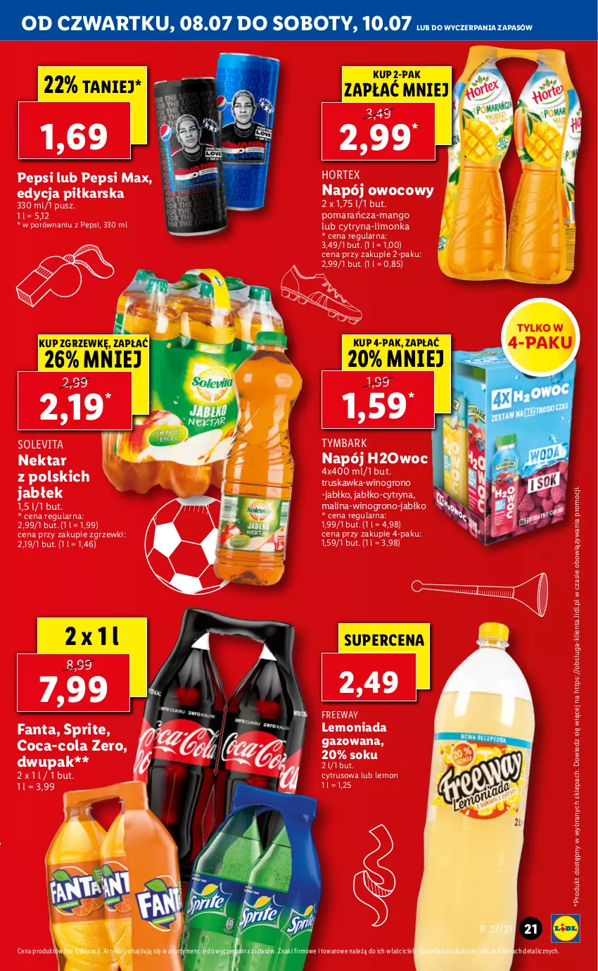 Gazetka promocyjna Lidl - GAZETKA - ważna 08.07 do 10.07.2021 - strona 21 - produkty: Coca-Cola, Fa, Fanta, Hortex, Lemoniada, Limonka, Mango, Napój, Nektar, Pepsi, Pepsi max, Por, Sok, Sprite, Tymbark, Wino