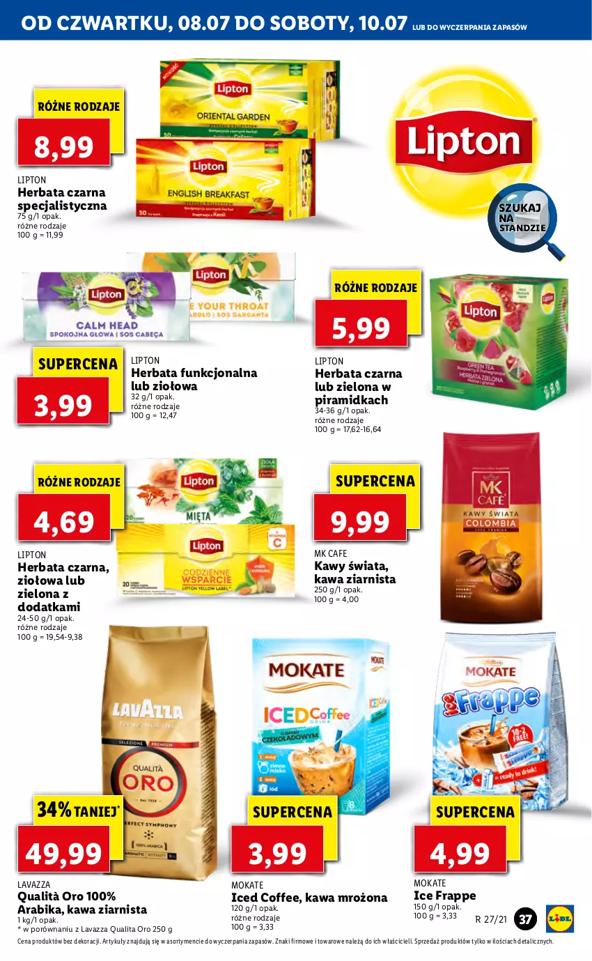 Gazetka promocyjna Lidl - GAZETKA - ważna 08.07 do 10.07.2021 - strona 37 - produkty: Herbata, Herbata czarna, Kawa, Kawa ziarnista, Lavazza, Lipton, Por