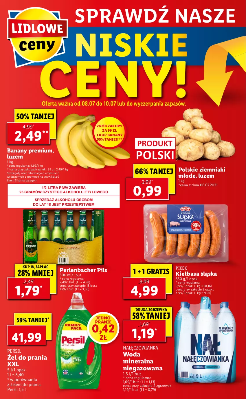 Gazetka promocyjna Lidl - GAZETKA - ważna 08.07 do 10.07.2021 - strona 59 - produkty: Banany, Gra, Kiełbasa, Kiełbasa śląska, Nałęczowianka, NBA, Persil, PIKOK, Piwa, Por, Woda, Woda mineralna, Ziemniaki