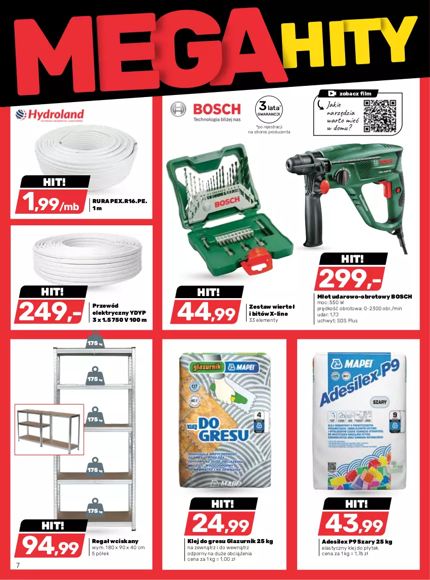 Gazetka promocyjna Bricomarche - Gazetka - ważna 01.02 do 11.02.2023 - strona 7 - produkty: Bosch, Gres, Klej, Klej do gresu, Lazur, Młot, Młot udarowo-obrotowy, Por, Przewód, Regał, Rura, Zestaw wierteł