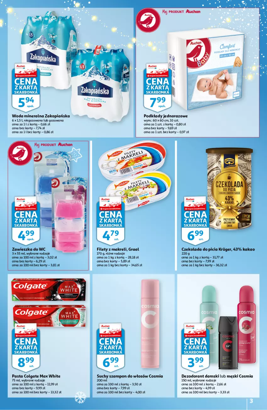 Gazetka promocyjna Auchan - Skarbonka #49 - ważna 09.12 do 15.12.2021 - strona 3 - produkty: Czekolada, Dezodorant, Gra, Graal, Kakao, Suchy szampon, Szampon, Woda, Woda mineralna, Zawieszka do wc