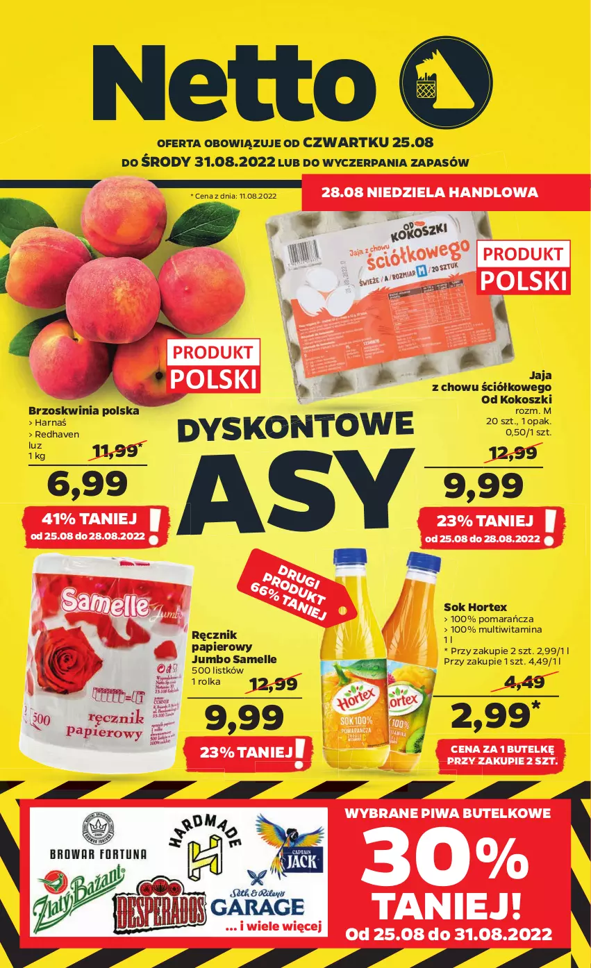 Gazetka promocyjna Netto - Artykuły spożywcze - ważna 25.08 do 31.08.2022 - strona 1 - produkty: Harnaś, Hortex, Jaja, Kokos, Kosz, Papier, Piwa, Ręcznik, Sok