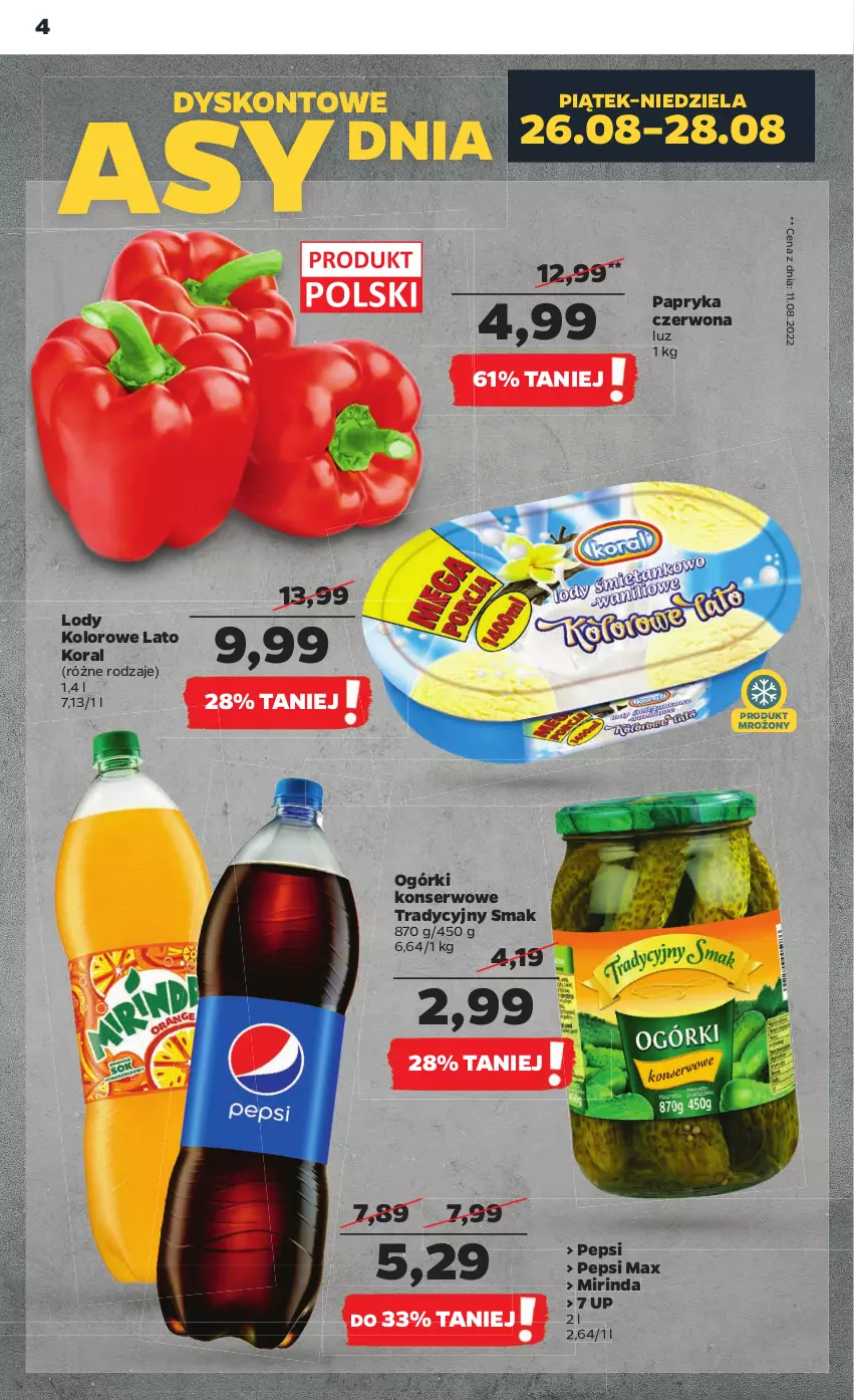 Gazetka promocyjna Netto - Artykuły spożywcze - ważna 25.08 do 31.08.2022 - strona 4 - produkty: Lody, Mirinda, Ogórki konserwowe, Papryka, Papryka czerwona, Pepsi, Pepsi max, Ser