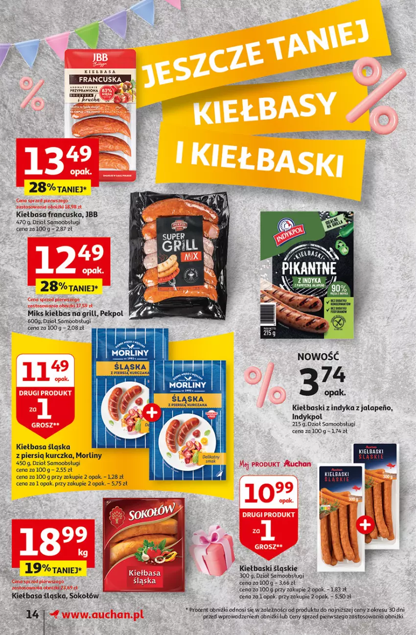 Gazetka promocyjna Auchan - Gazetka Jeszcze taniej na urodziny Supermarket Auchan - ważna 09.05 do 15.05.2024 - strona 14 - produkty: Fa, Grill, Kiełbasa, Kiełbasa śląska, Kiełbaski śląskie, Morliny, Pekpol, Sok, Sokołów