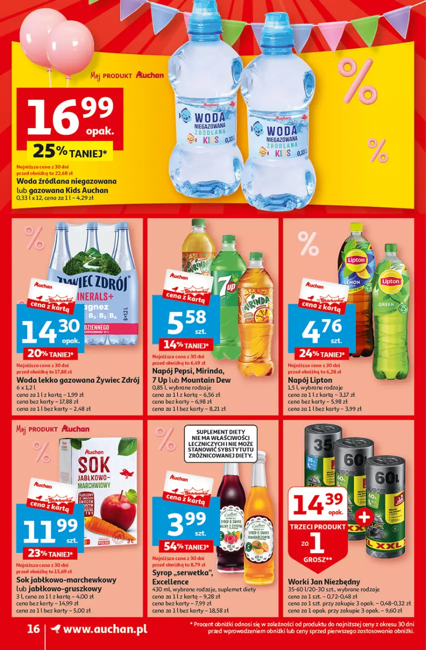 Gazetka promocyjna Auchan - Gazetka Jeszcze taniej na urodziny Supermarket Auchan - ważna 09.05 do 15.05.2024 - strona 16 - produkty: Jan Niezbędny, LANA, Lipton, Mirinda, Napój, Pepsi, Ser, Sok, Suplement diety, Syrop, Woda, Znicz