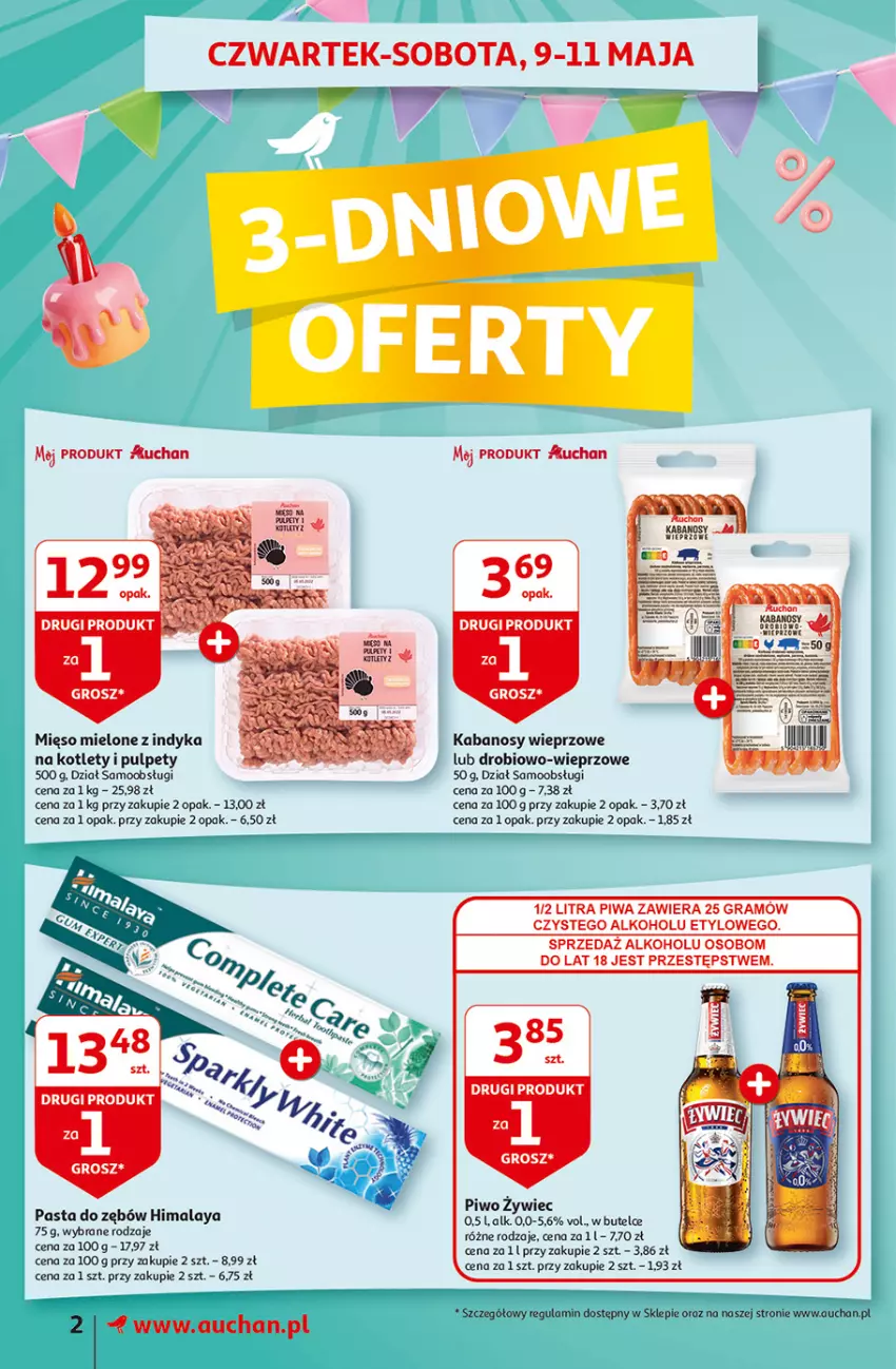 Gazetka promocyjna Auchan - Gazetka Jeszcze taniej na urodziny Supermarket Auchan - ważna 09.05 do 15.05.2024 - strona 2 - produkty: Fa, Gra, Himalaya, Kabanos, Kotlet, Mięso, Mięso mielone, Pasta do zębów, Piwa, Piwo, Pulpety