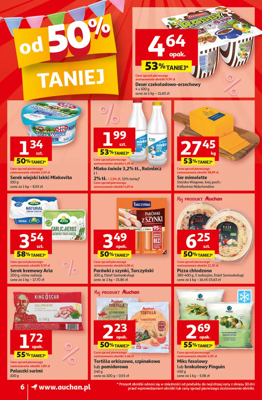 Gazetka promocyjna Auchan - Gazetka Jeszcze taniej na urodziny Supermarket Auchan - ważna 09.05 do 15.05.2024 - strona 6 - produkty: Deser, Fa, Mimolette, Mleko, Mlekovita, Parówki, Parówki z szynki, Pizza, Rolmlecz, Ser, Serek, Serek wiejski, Surimi, Szpinak, Tarczyński, Tortilla