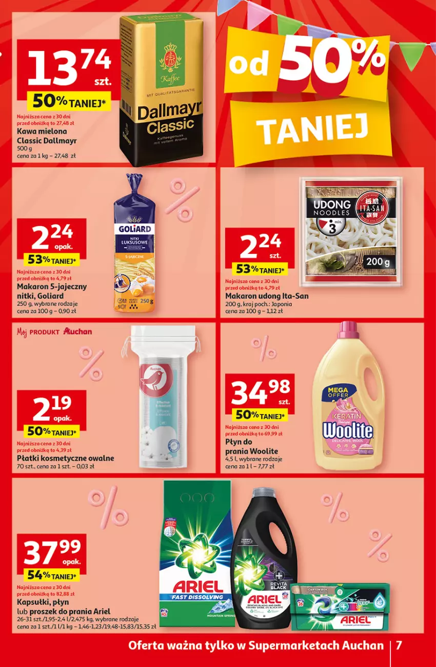 Gazetka promocyjna Auchan - Gazetka Jeszcze taniej na urodziny Supermarket Auchan - ważna 09.05 do 15.05.2024 - strona 7 - produkty: Ariel, Dallmayr, Goliard, Kawa, Kawa mielona, Makaron, Płatki kosmetyczne, Proszek do prania, Woolite