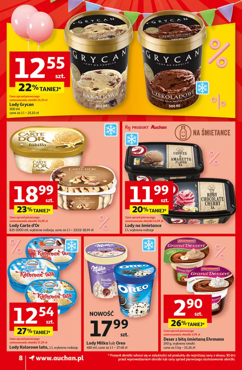 Gazetka promocyjna Auchan - Gazetka Jeszcze taniej na urodziny Supermarket Auchan - ważna 09.05 do 15.05.2024 - strona 8 - produkty: Carte d'Or, Deser, Gry, Kamill, Lody, Milka, Oreo, Ser