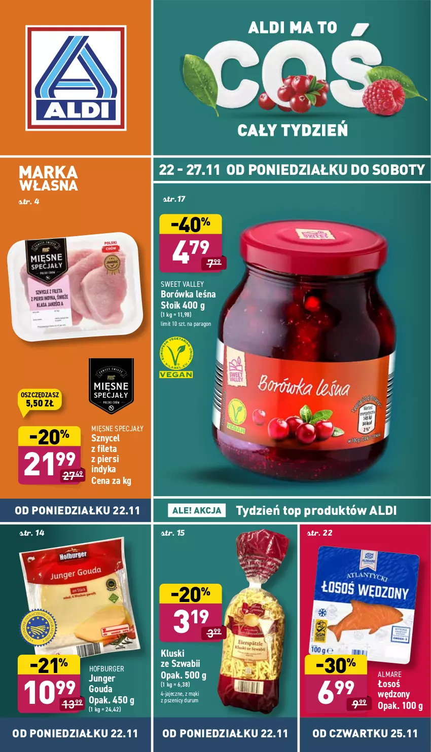 Gazetka promocyjna Aldi - Katalog spożywczy - ważna 22.11 do 27.11.2021 - strona 1 - produkty: Borówka, Burger, Gouda, Hofburger, Mięsne specjały, Rum, Top