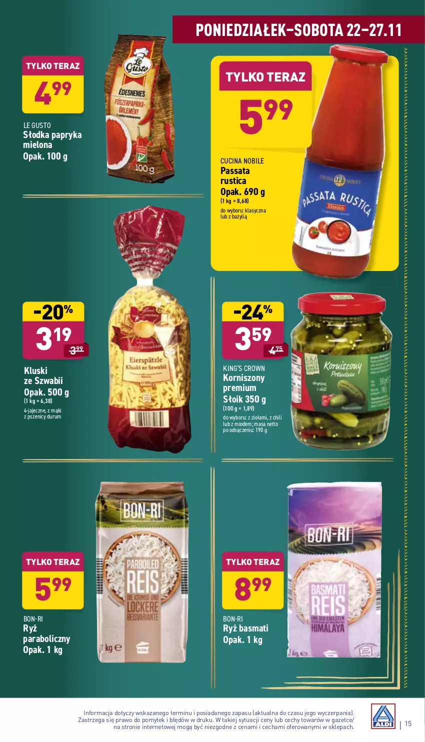 Gazetka promocyjna Aldi - Katalog spożywczy - ważna 22.11 do 27.11.2021 - strona 15 - produkty: Bazyl, King’s Crown, Korniszony, Papryka, Rum, Rust, Ryż, Ryż basmati, Tera