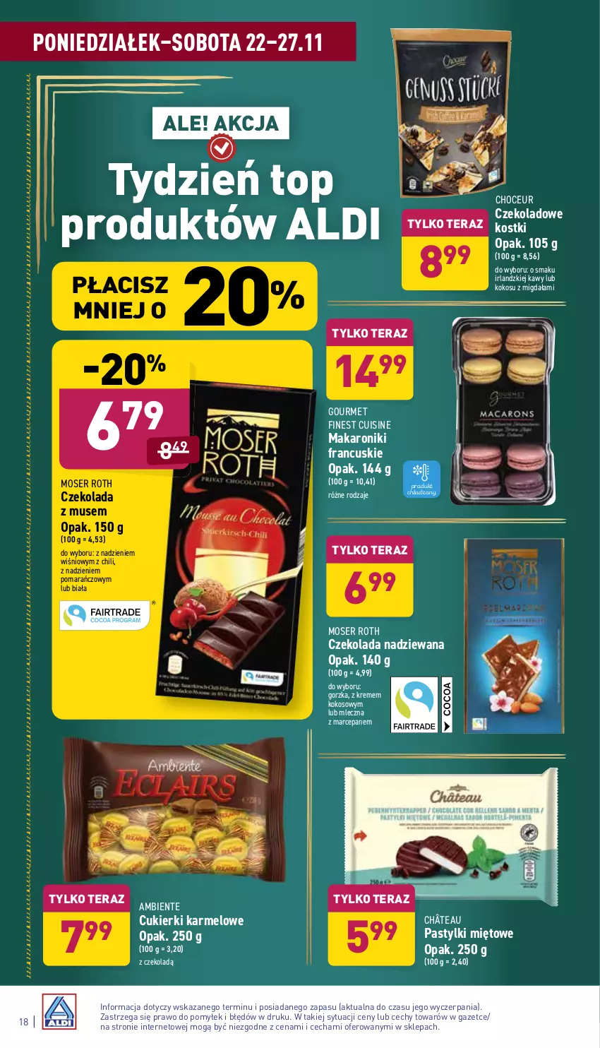 Gazetka promocyjna Aldi - Katalog spożywczy - ważna 22.11 do 27.11.2021 - strona 18 - produkty: Cukier, Cukierki, Czekolada, Czekolada nadziewana, Kokos, Makaron, Moser Roth, Mus, Pastylki, Ser, Tera, Top