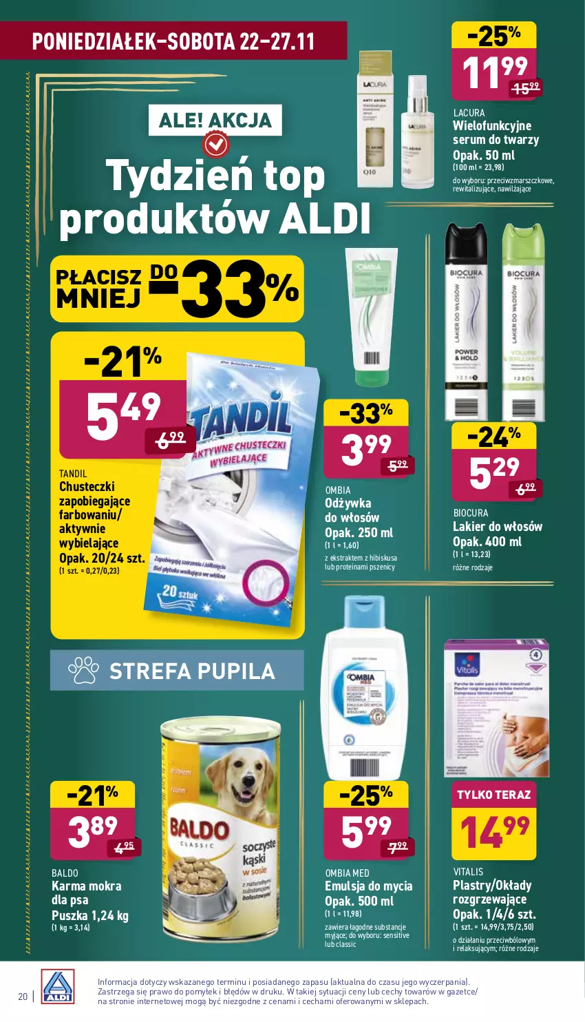 Gazetka promocyjna Aldi - Katalog spożywczy - ważna 22.11 do 27.11.2021 - strona 20 - produkty: Chusteczki, Emulsja, Emulsja do mycia, Fa, Hibiskus, Lakier, Lakier do włosów, Mars, Odżywka, Rum, Ser, Serum, Serum do twarzy, Tera, Top