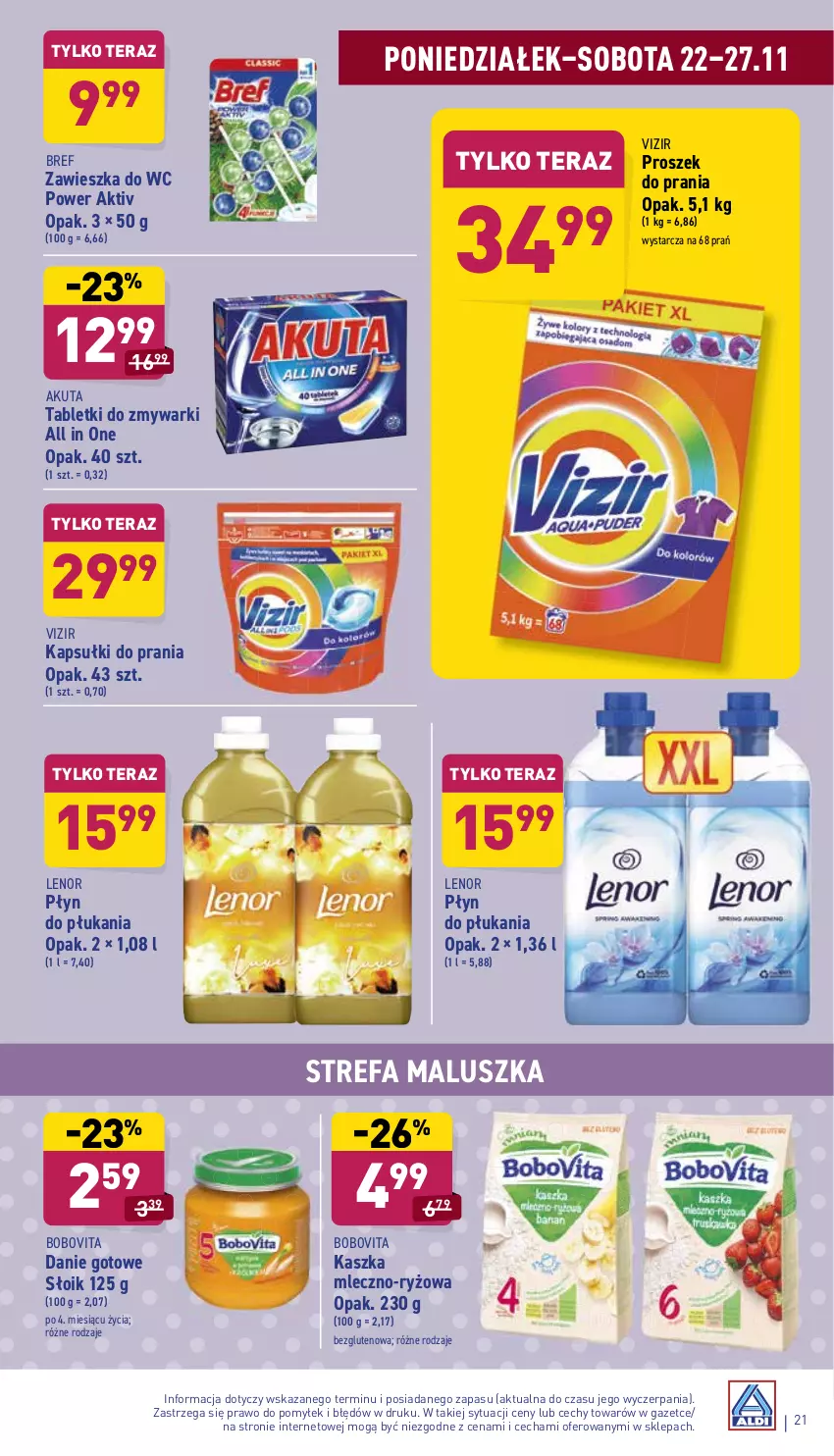 Gazetka promocyjna Aldi - Katalog spożywczy - ważna 22.11 do 27.11.2021 - strona 21 - produkty: BoboVita, Bref, Danie gotowe, Fa, Kapsułki do prania, Lenor, Płyn do płukania, Proszek do prania, Ryż, Tablet, Tabletki do zmywarki, Tera, Vizir, Zawieszka do wc, Zmywarki