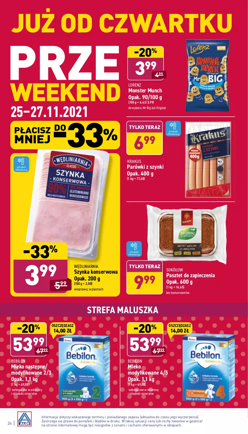 Gazetka promocyjna Aldi - Katalog spożywczy - ważna 22.11 do 27.11.2021 - strona 24 - produkty: Fa, Gin, Krakus, Lorenz, Mleko, Mleko modyfikowane, Monster Munch, O nas, Parówki, Parówki z szynki, Pasztet, Piec, Ser, Sok, Sokół, Szynka, Szynka konserwowa, Tera