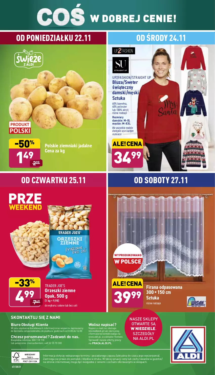 Gazetka promocyjna Aldi - Katalog spożywczy - ważna 22.11 do 27.11.2021 - strona 26 - produkty: Biuro, Bluza, Fa, Firana, O nas, Orzeszki, Orzeszki ziemne, Por, Sweter, Wełna, Ziemniaki