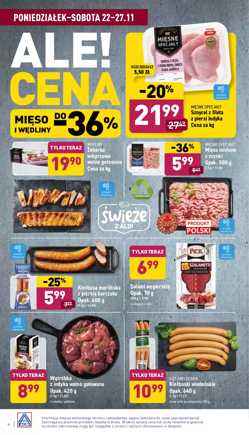 Gazetka promocyjna Aldi - Katalog spożywczy - ważna 22.11 do 27.11.2021 - strona 4 - produkty: Kiełbasa, Kurczak, Mięsne specjały, Mięso, Mięso mielone, Mięso mielone z szynki, Morliny, Salami, Tera